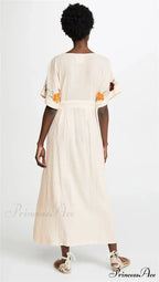 Passionate Floral Stitching Ivory Cotton Boho Dress