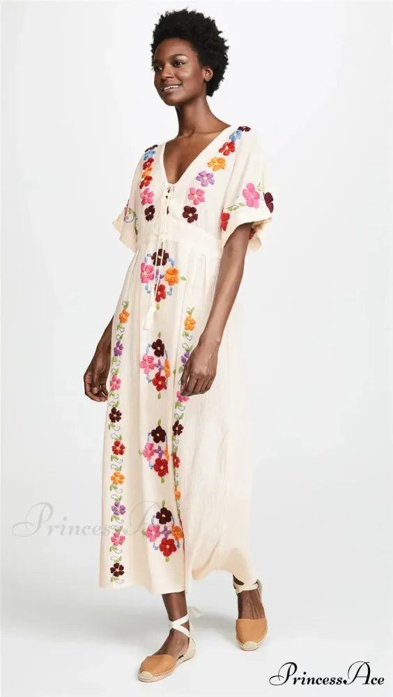 Passionate Floral Stitching Ivory Cotton Boho Dress