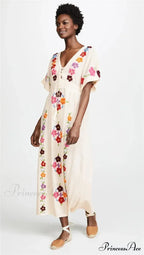 Passionate Floral Stitching Ivory Cotton Boho Dress