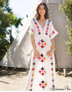 Passionate Floral Stitching Ivory Cotton Boho Dress
