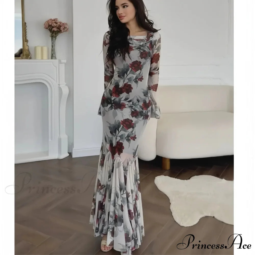 Passionate French Botanical Patterned Long Sleeve Botanical Dress