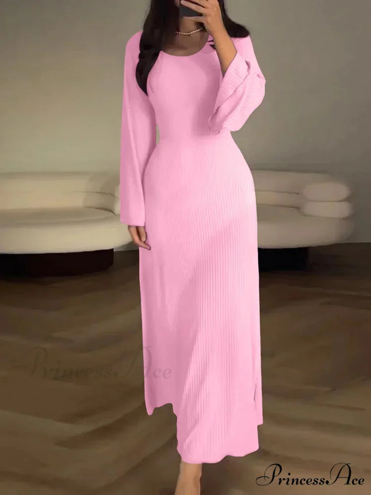 Patchwork Bandaged Round-necked Slim-fitted Long-sleeved Street-ready Ankle-length Maxi Dress