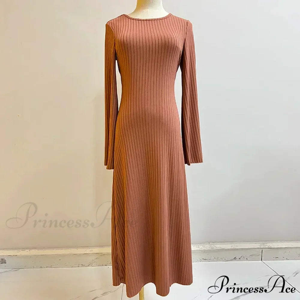 Patchwork Bandaged Round-necked Slim-fitted Long-sleeved Street-ready Ankle-length Maxi Dress