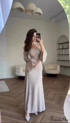 Patchwork Bandaged Round-necked Slim-fitted Long-sleeved Street-ready Ankle-length Maxi Dress