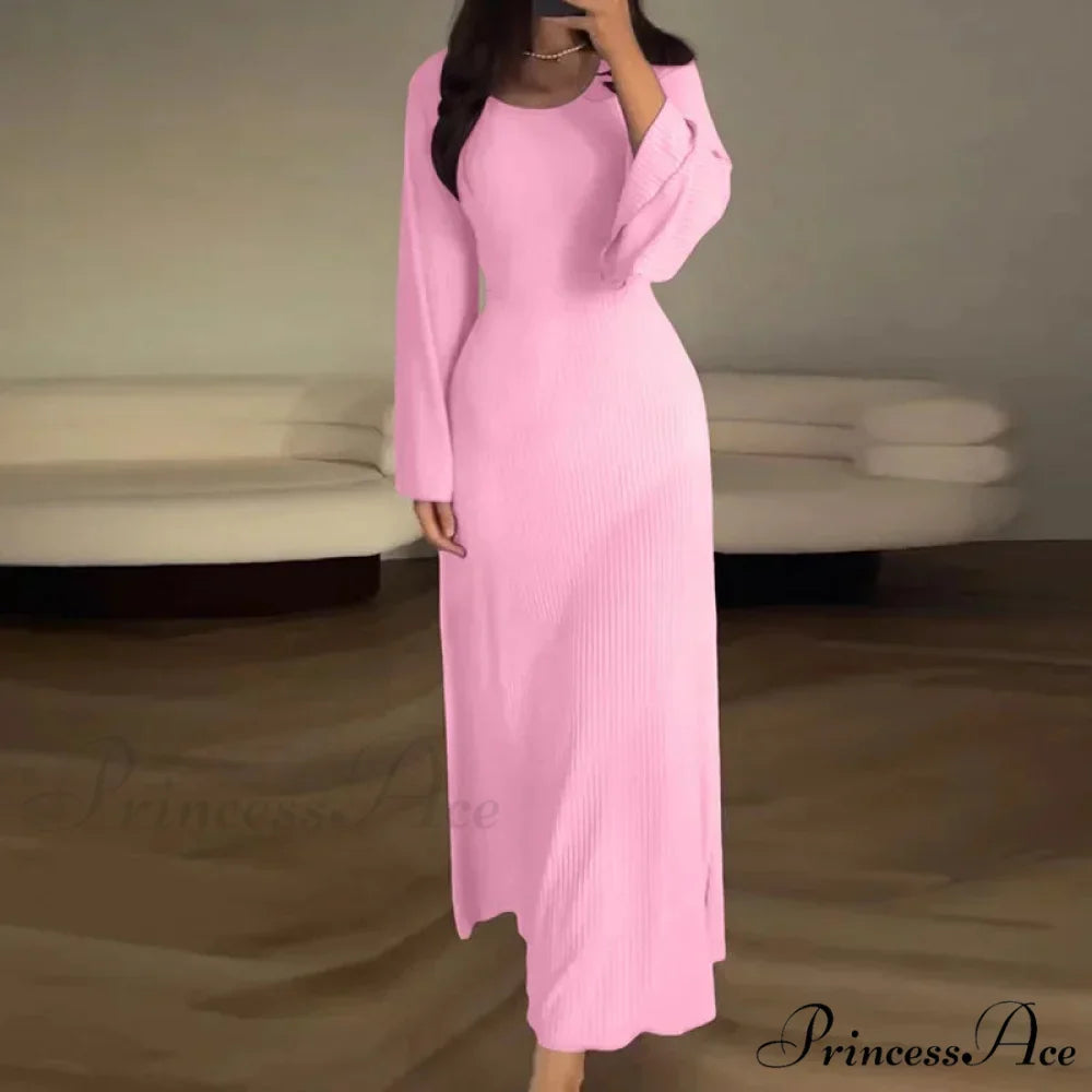 Patchwork Bandaged Round-necked Slim-fitted Long-sleeved Street-ready Ankle-length Maxi Dress