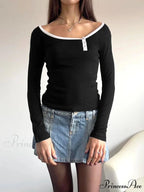 Patchwork Different Color Slim O-Neck Extended Sleeve Knit Top