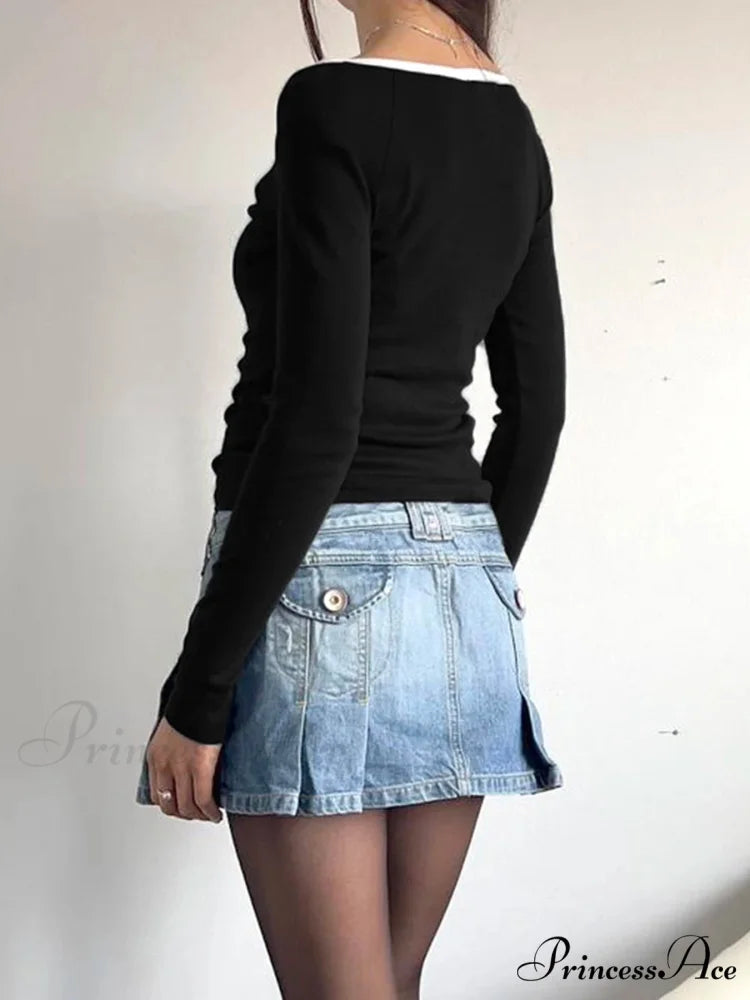 Patchwork Different Color Slim O-Neck Extended Sleeve Knit Top