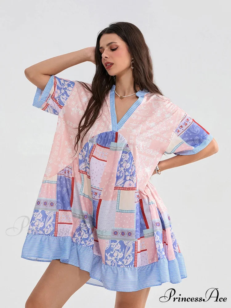 Patchwork Flowy V-neck Loose A-Line Mini Dress
