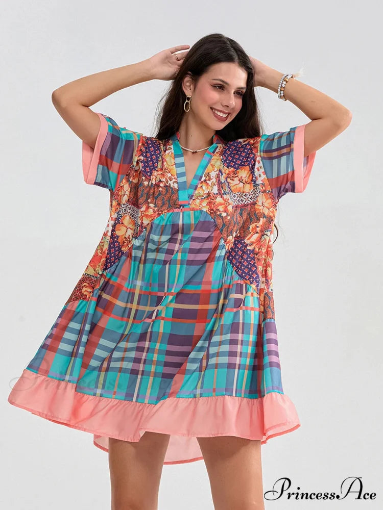 Patchwork Flowy V-neck Loose A-Line Mini Dress