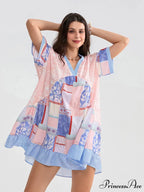 Patchwork Flowy V-neck Loose A-Line Mini Dress