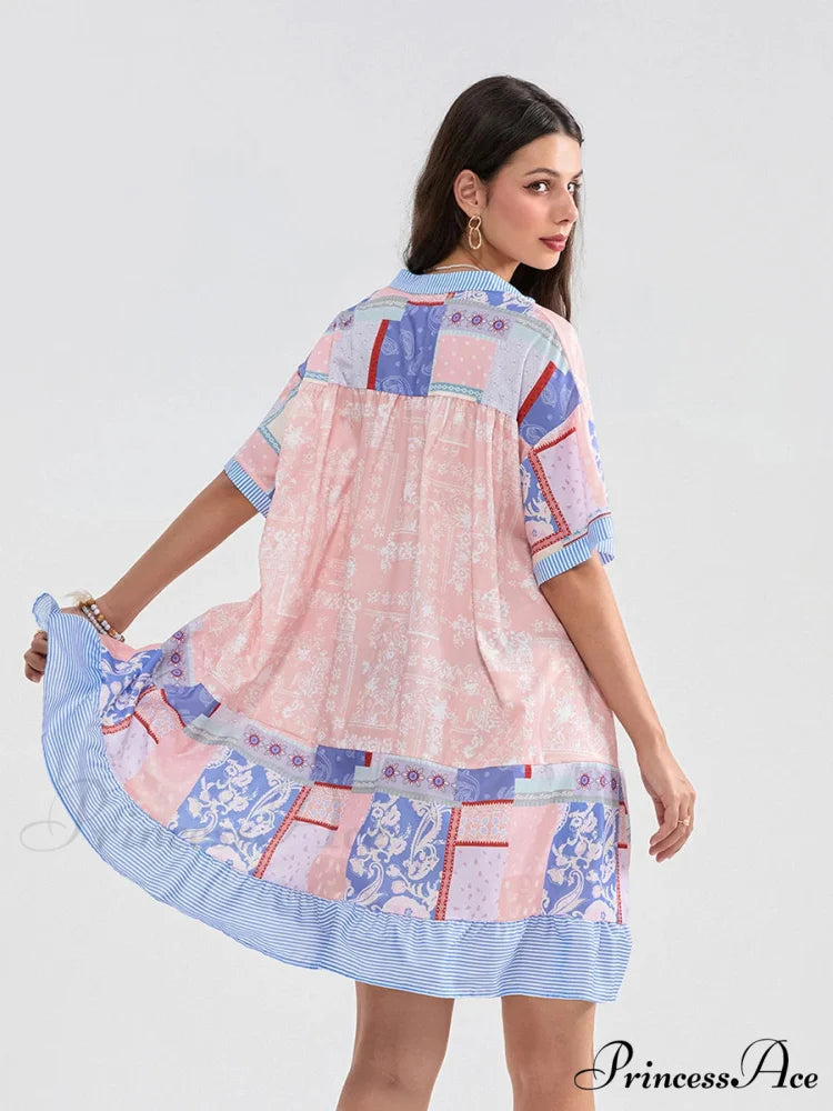 Patchwork Flowy V-neck Loose A-Line Mini Dress