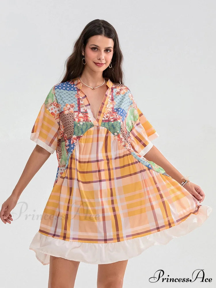 Patchwork Flowy V-neck Loose A-Line Mini Dress