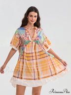 Patchwork Flowy V-neck Loose A-Line Mini Dress