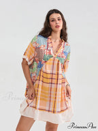 Patchwork Flowy V-neck Loose A-Line Mini Dress