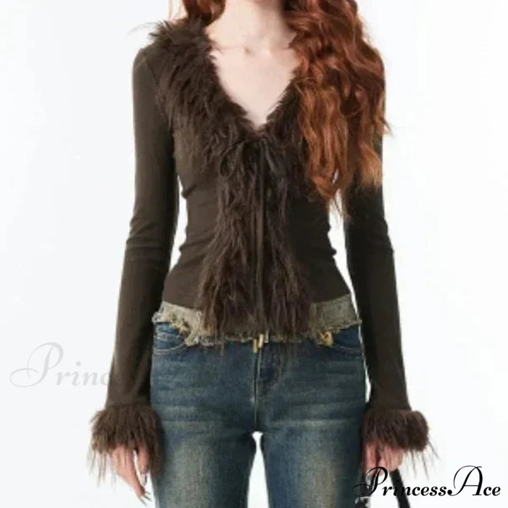 Patchwork Furry V-Neck Cardigan