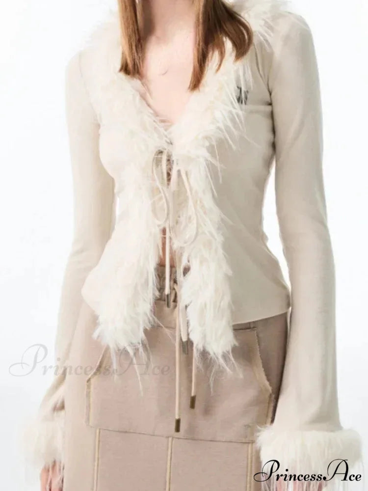 Patchwork Furry V-Neck Cardigan