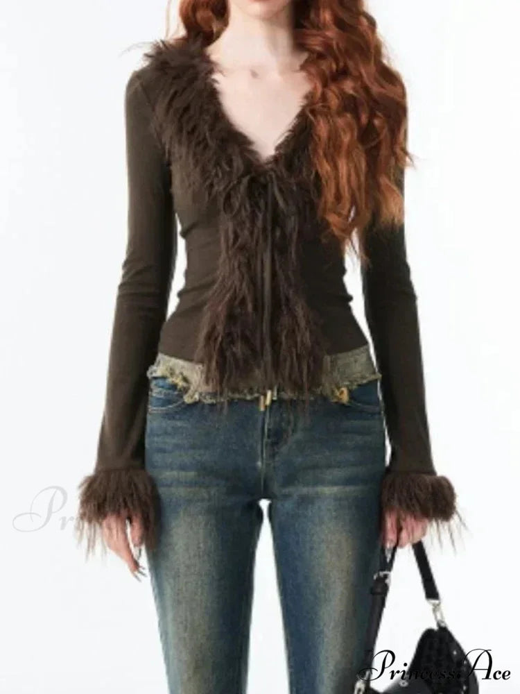 Patchwork Furry V-Neck Cardigan
