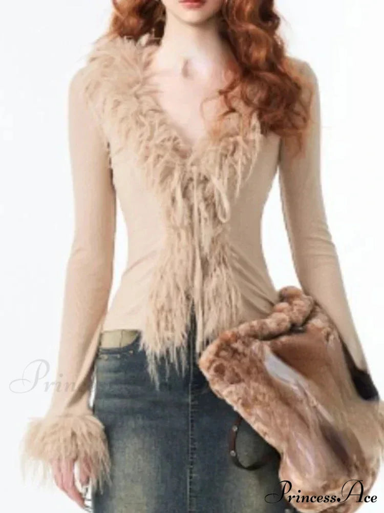 Patchwork Furry V-Neck Cardigan