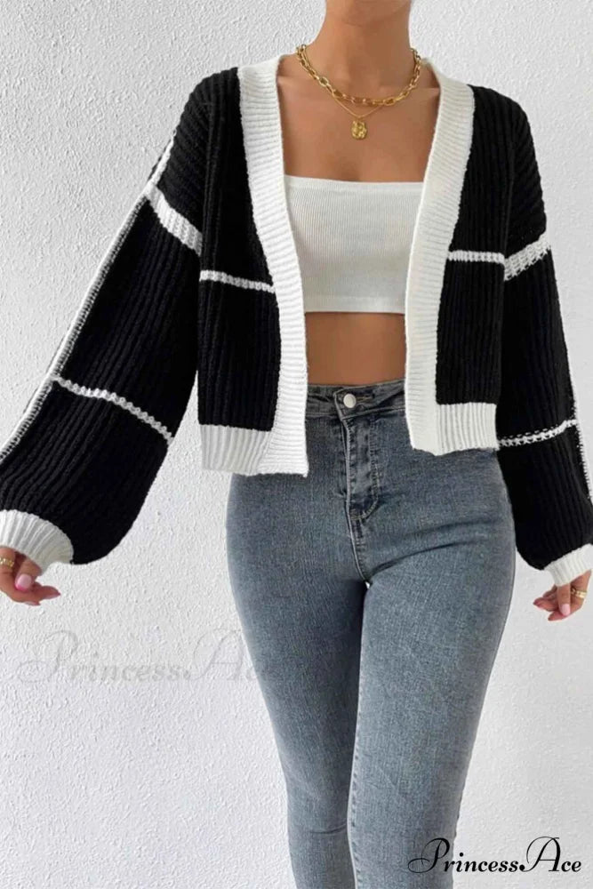 Patchwork Knit Long Sleeve Open-Front Cardigan