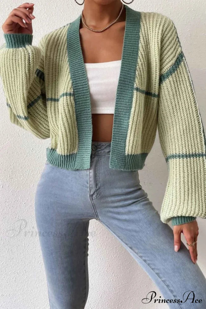 Patchwork Knit Long Sleeve Open-Front Cardigan