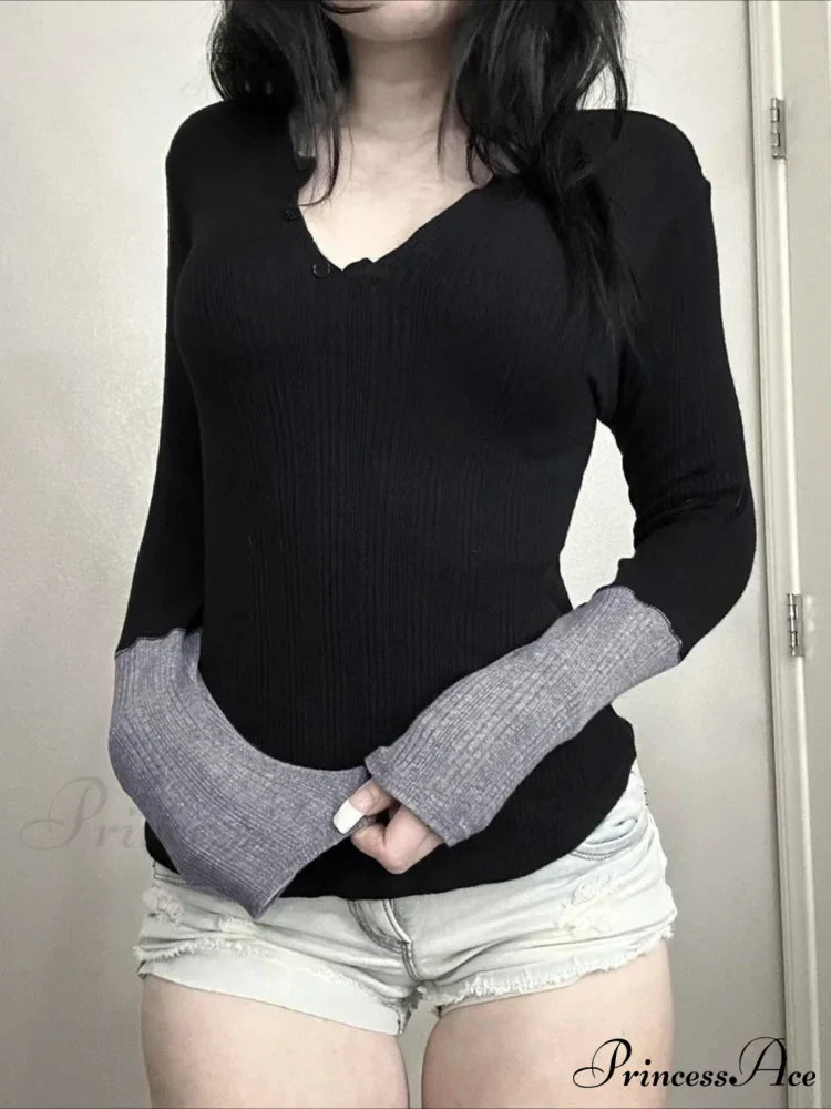 Patchwork Knitted Trim O-Neck Long Sleeve Knit Top