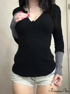 Patchwork Knitted Trim O-Neck Long Sleeve Knit Top