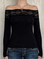 Patchwork Lace Cropped Slim Slash Neck Long Sleeve Knit TopModified Title: Patchwork Lace Cropped Trim V-neck Long Sleeve Knit Top