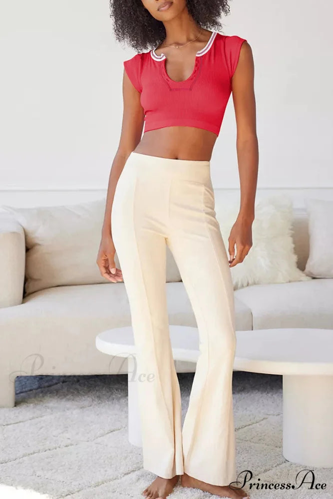 Patchwork Neck U Solid T-Shirt