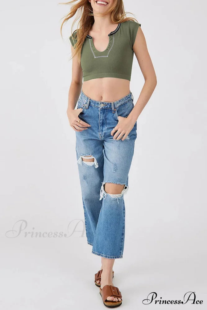 Patchwork Neck U Solid T-Shirt