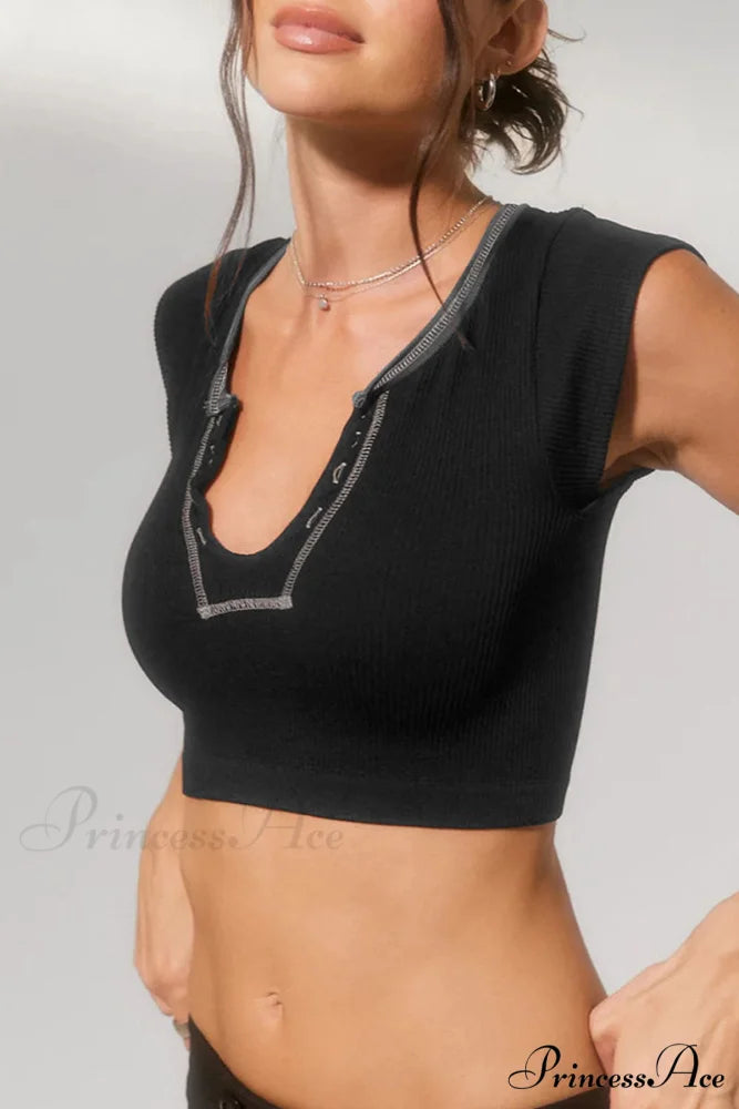 Patchwork Neck U Solid T-Shirt