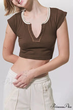 Patchwork Neck U Solid T-Shirt