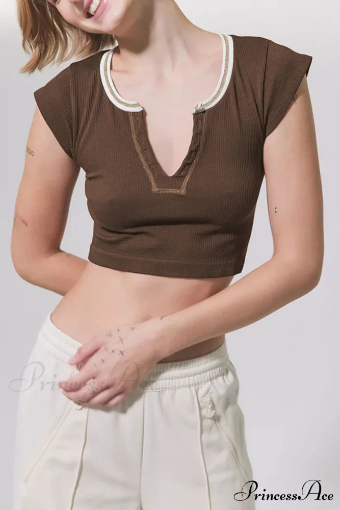 Patchwork Neck U Solid T-Shirt