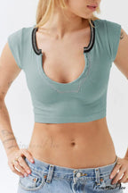 Patchwork Neck U Solid T-Shirt