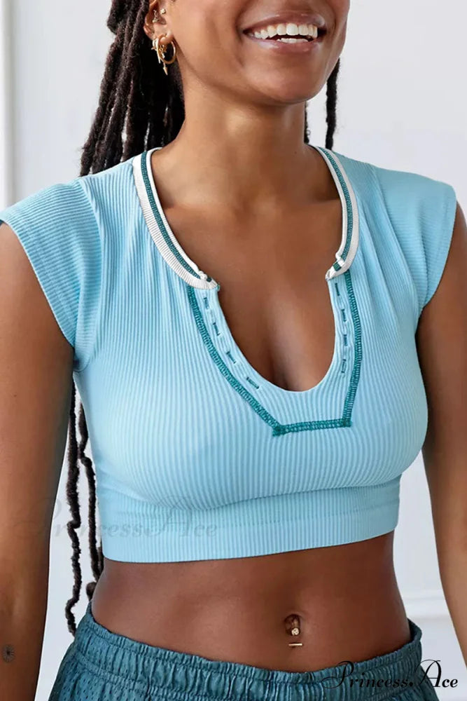 Patchwork Neck U Solid T-Shirt