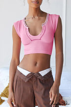 Patchwork Neck U Solid T-Shirt