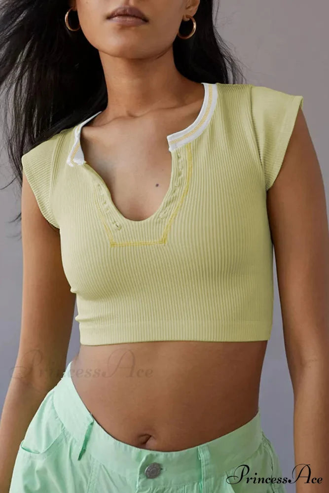 Patchwork Neck U Solid T-Shirt