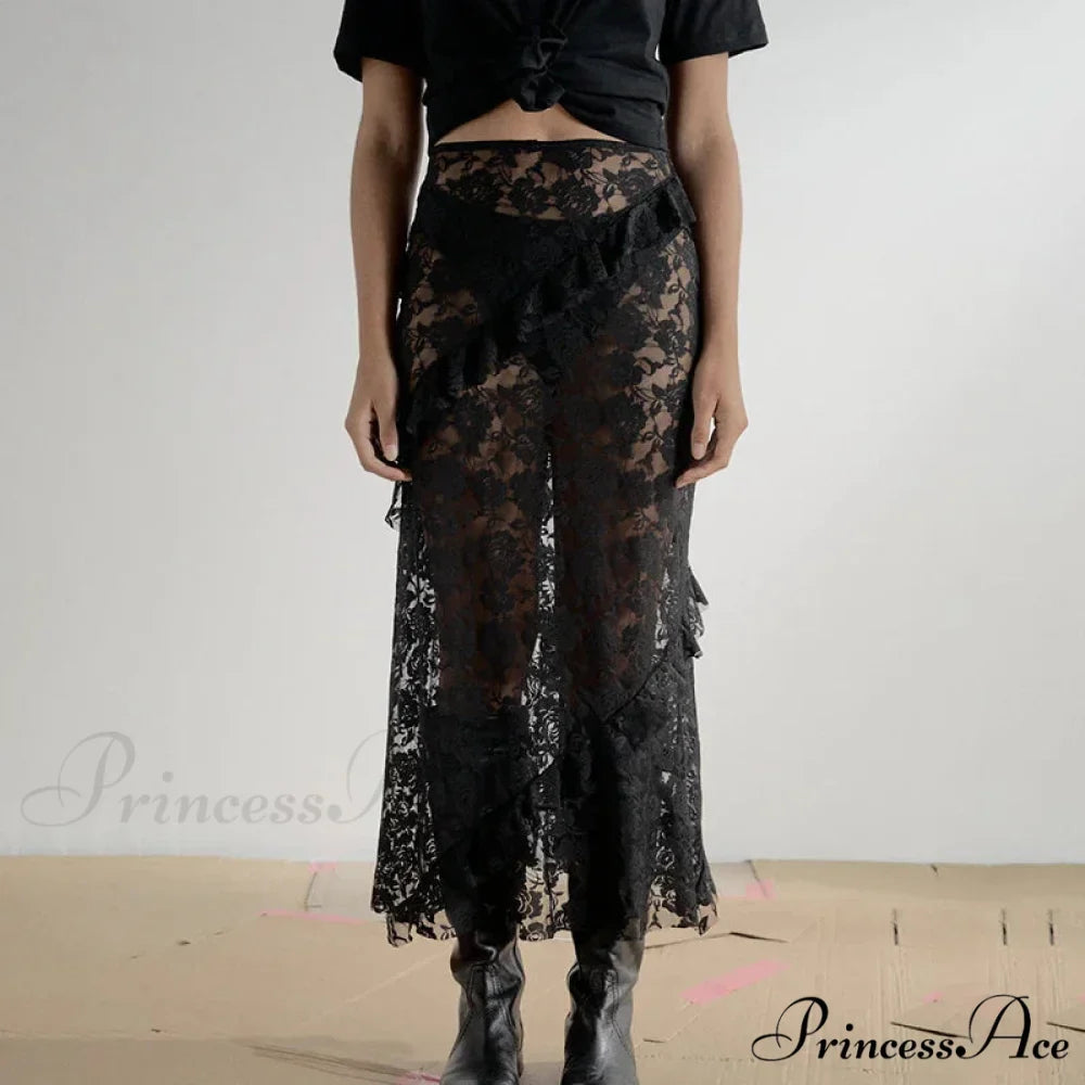 Patchwork Party Lace Ruffled See-Through Maxi Skirt