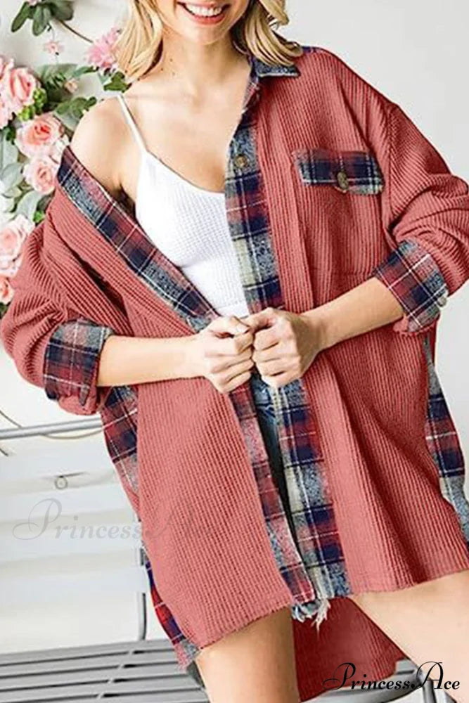 Patchwork Plaid Blouse with Irregular Hem