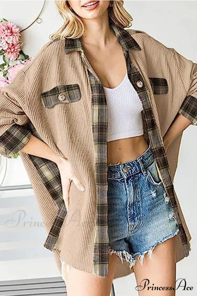 Patchwork Plaid Blouse with Irregular Hem