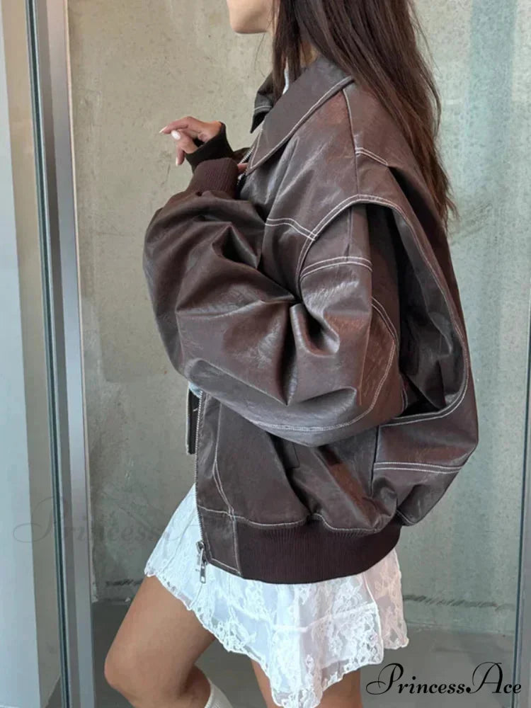 Patchwork Synthetic Leather Brief Jacket