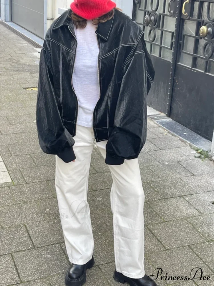 Patchwork Synthetic Leather Brief Jacket