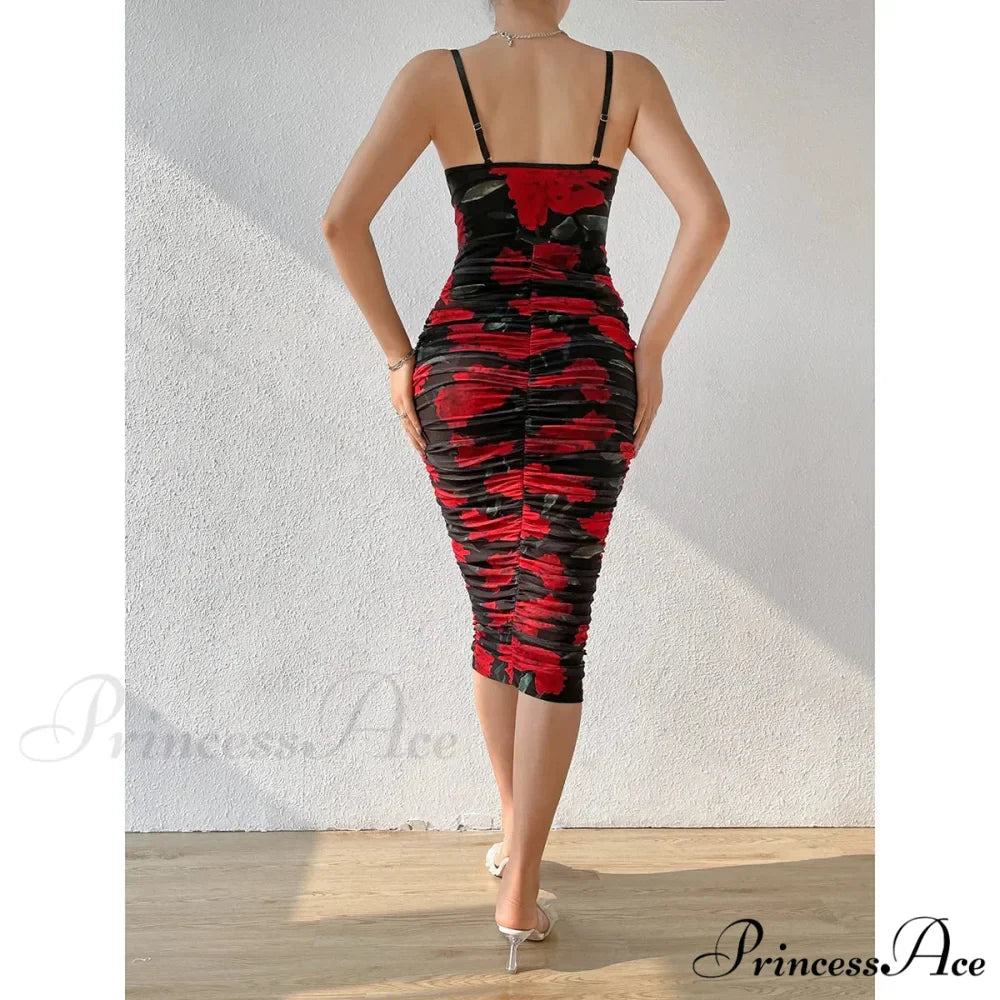 Pattern Pleated Design Bag Hip Long Halter Vestido SlimFit Floral Dress