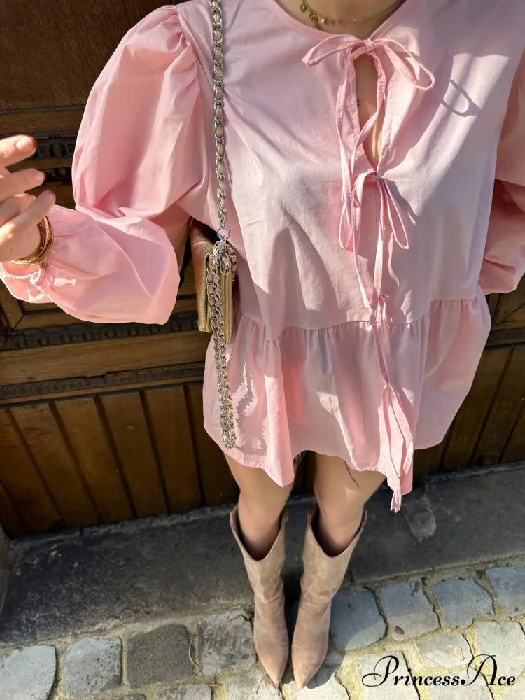 Patterned Baggy Lace-Up Circular Neck Blouse