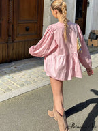 Patterned Baggy Lace-Up Circular Neck Blouse