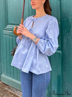 Patterned Baggy Lace-Up Circular Neck Blouse