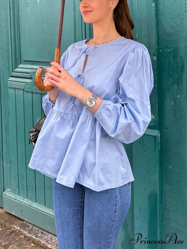 Patterned Baggy Lace-Up Circular Neck Blouse