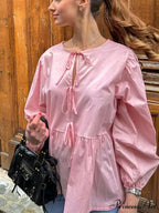 Patterned Baggy Lace-Up Circular Neck Blouse