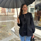 Patterned Baggy Lace-Up Circular Neck Blouse