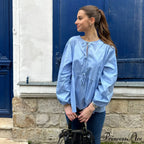 Patterned Baggy Lace-Up Circular Neck Blouse