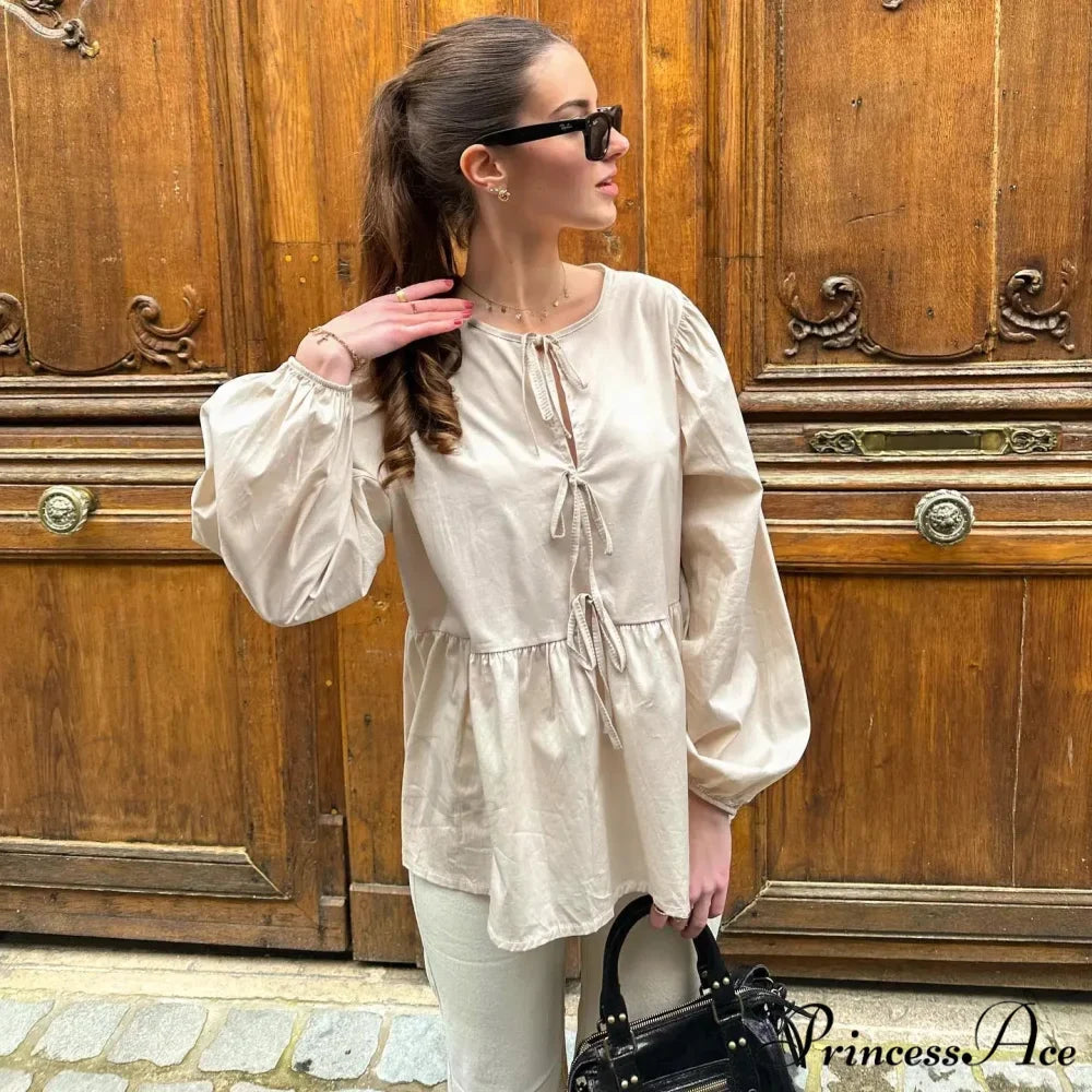 Patterned Baggy Lace-Up Circular Neck Blouse